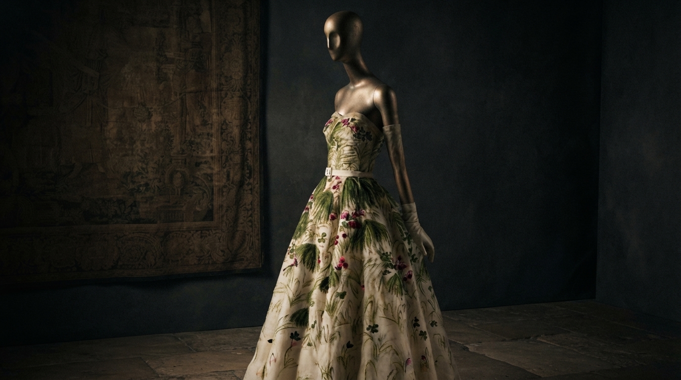 A cinematic view of a luxurious fashion exhibition in a grand museum, highlighting haute couture garments under dramatic lighting.