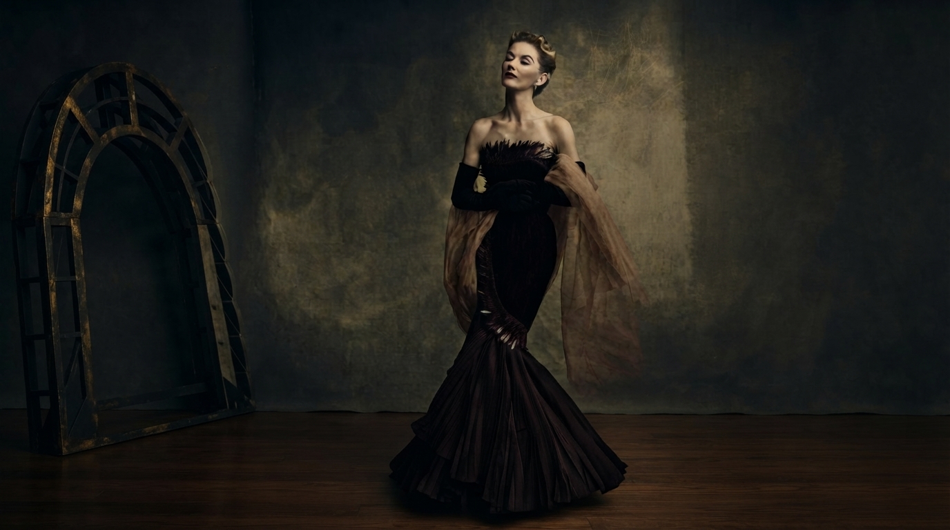 An intricately hand-stitched haute couture evening gown, illuminated like a masterpiece in a grand atelier, symbolizing its status as fine art.